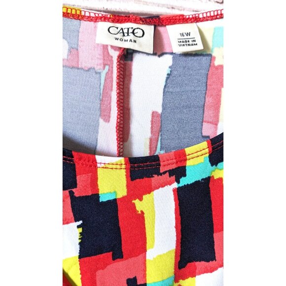 Cato Woman Dress Red Black Yellow Faux Wrap Knee Length Ruched Knit Stretch 16W - Picture 5 of 11